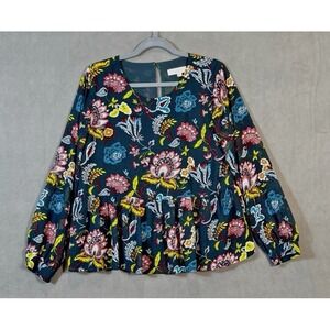 Ann Taylor Loft Floral Peplum Chiffon Blouse Teal Sheer Sleeve Lined Wimsigoth